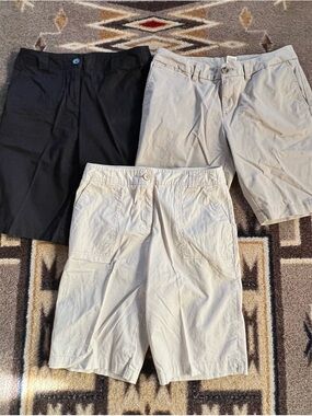Three-Pack Casual Shorts Bundle - Black, Light Gray, Cream 2-size 6, 1-size 8.